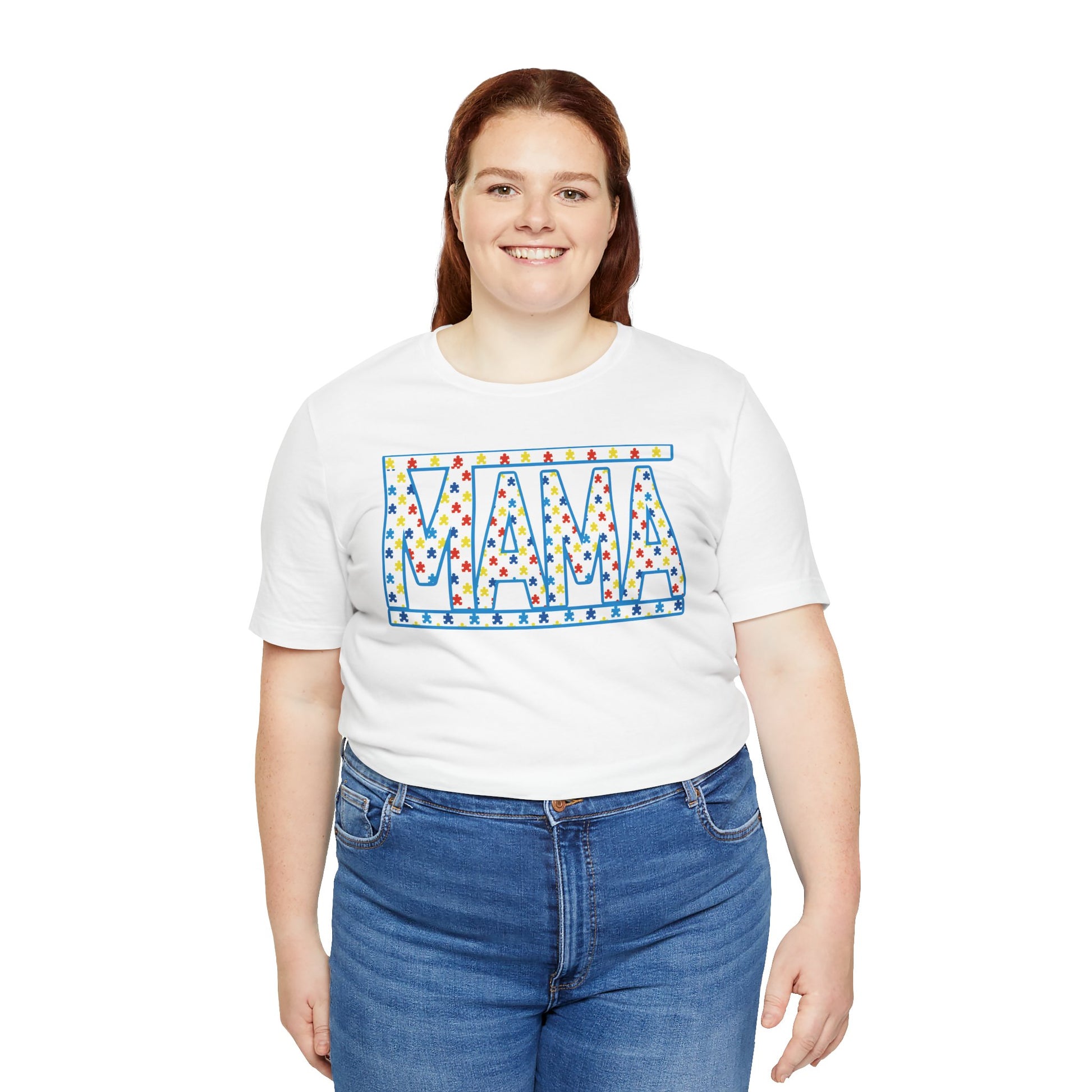 female wearing a white tshirt with puzzle pieces on it