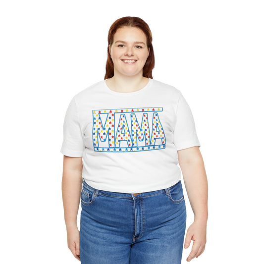 female wearing a white tshirt with puzzle pieces on it